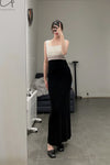 SWAYING/KNIT seamless contrasting color square collar vest skirt SW23SS2L04 black/white/linen